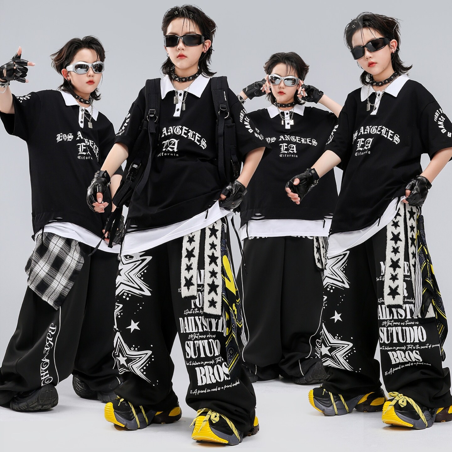 街舞服装儿童hiphop酷帅穿搭男童条纹黑红潮服字母亮皮短袖红白