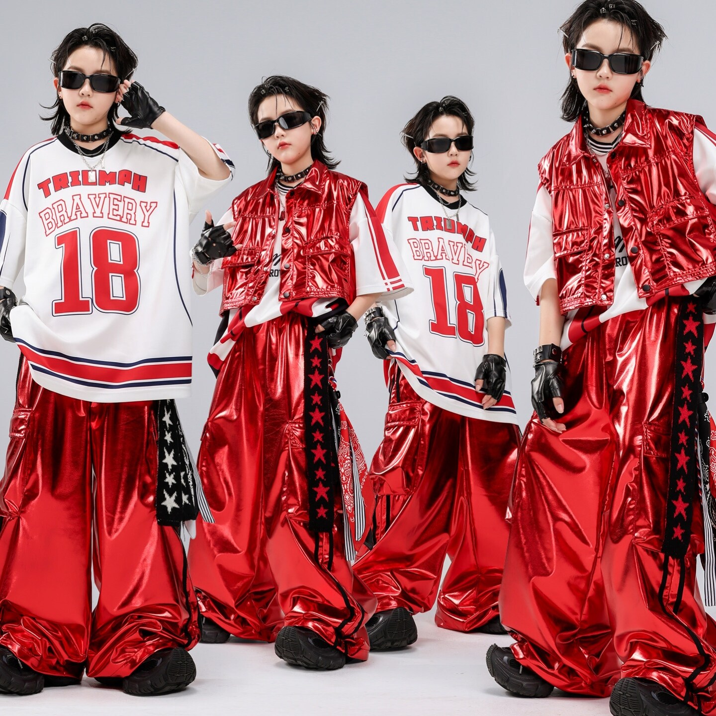 儿童街舞hiphop潮服蓝色红白潮装演出服亮皮酷帅潮牌嘻哈男童条纹