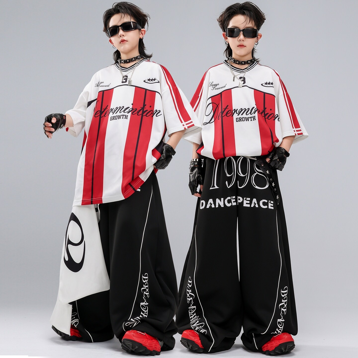 街舞服女童表演服迷彩裤儿童潮装中国风宽松夏天衬衫马甲破洞格子