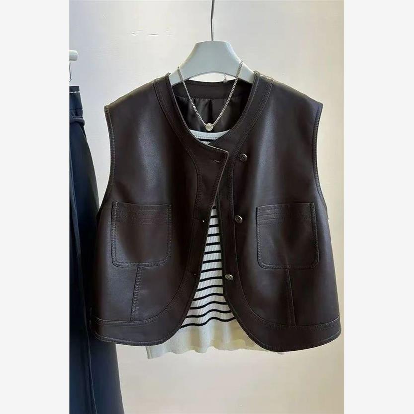高级感气质女装韩系复古短款PU皮马甲皮衣女款女服装女服饰轻奢炸