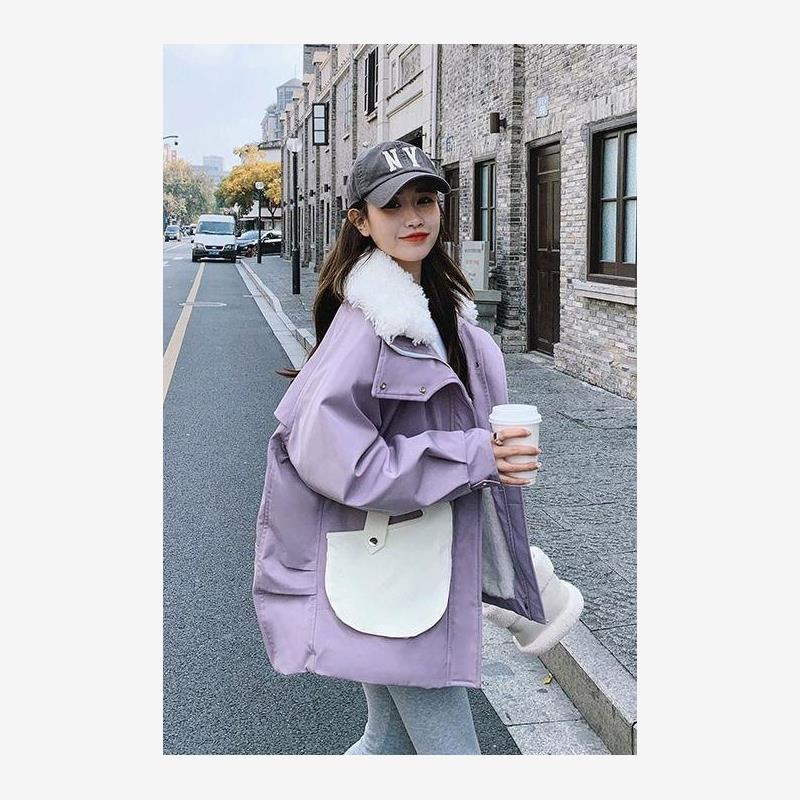 高级感气质女紫色短款小个子加绒工装棉衣服明星同款轻奢女式服装