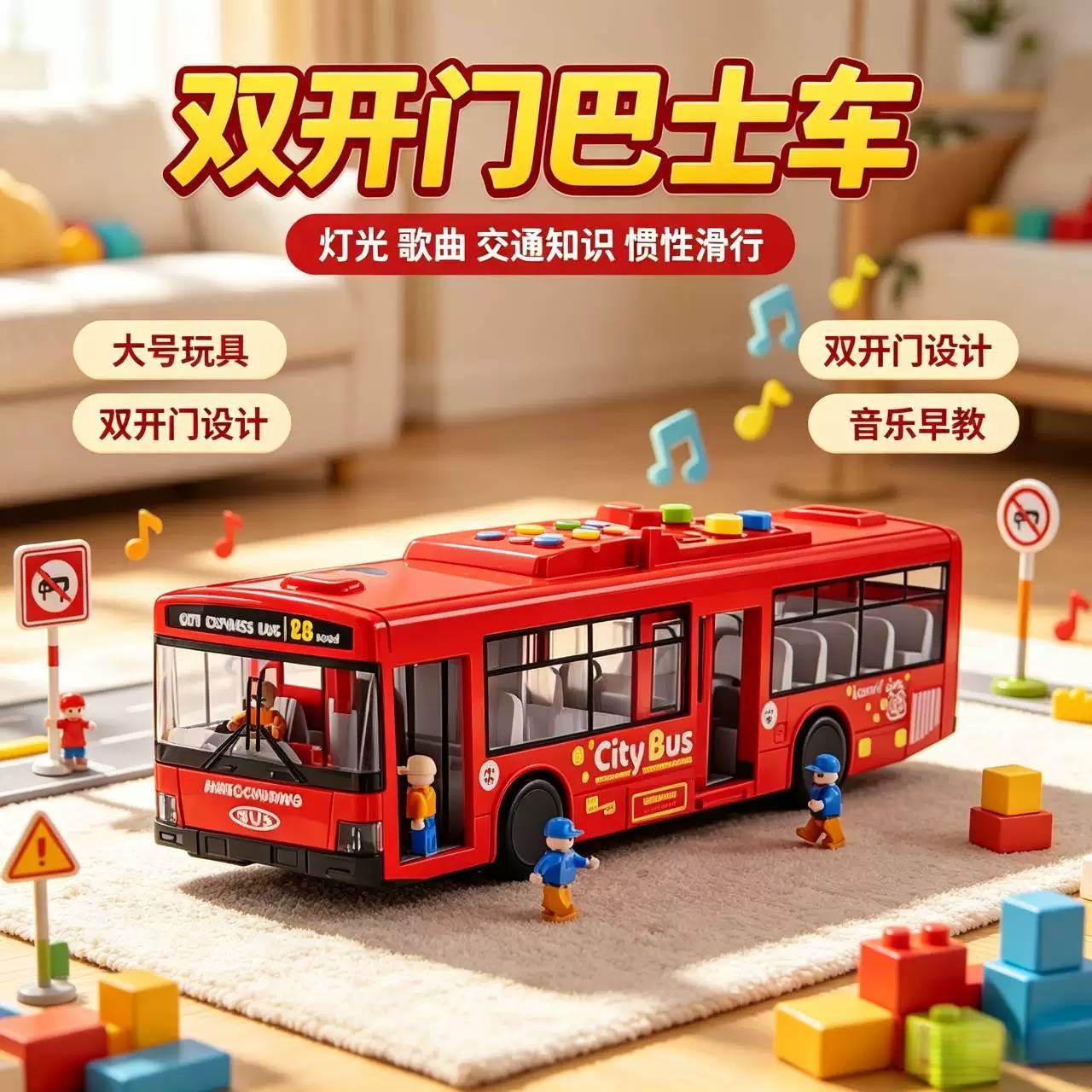 儿童仿真双开门灯光音乐大巴士