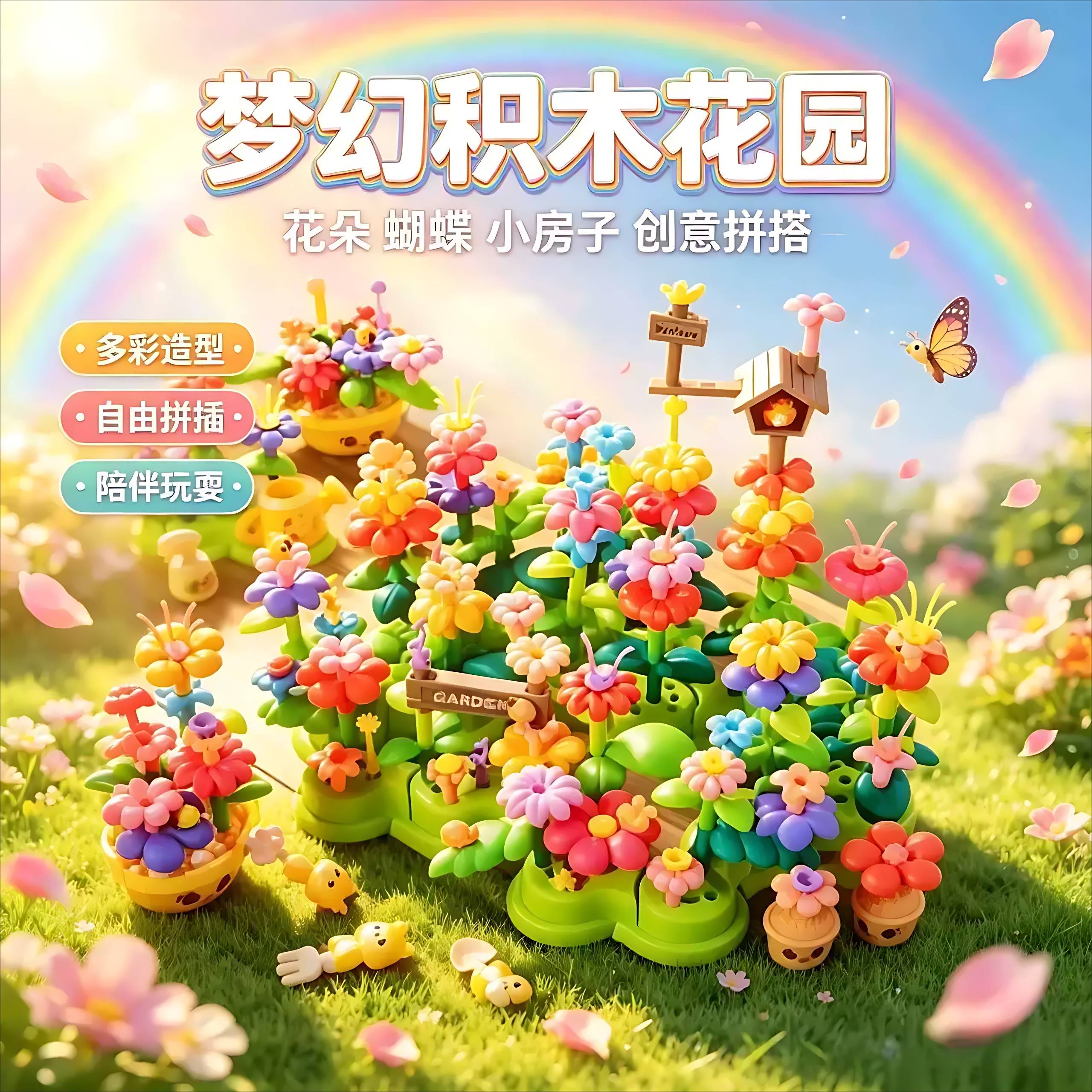 儿童益智拼装积木百变花丛花束
