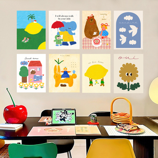 奶油ins风儿童房海报墙贴画多巴胺治愈系插画可爱卧室自粘画餐厅