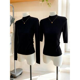 黑色抗起球半高领针织衫女中袖内搭打底衫秋冬季长袖气质显瘦上衣