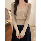 上衣秋冬 短款 2025新款 收腰低领毛衣女内搭大圆领小个子针织打底衫