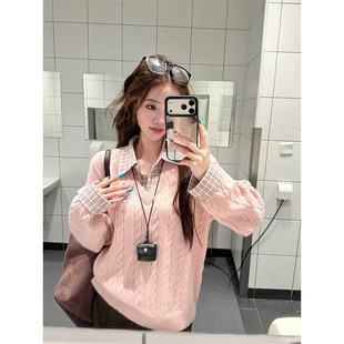 假两件拼接格子麻花毛衣女冬学院风小众设计感甜美针织衫长袖上衣