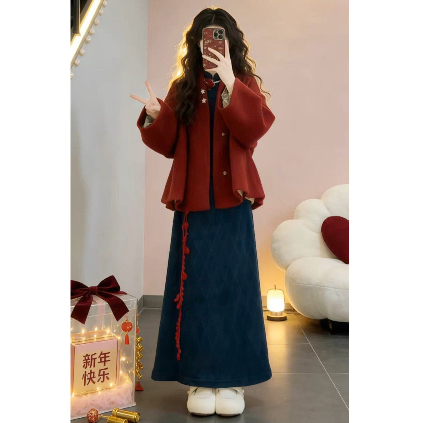 新年战袍红色新中式国风旗袍洋装子女秋冬2026新款穿搭套装长裙