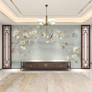 新中式 花鸟山水电视背景墙壁纸简约客厅沙发墙纸书房茶室影视壁布