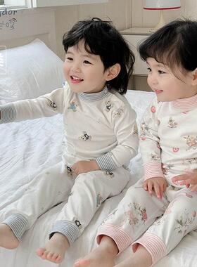 春秋婴儿衣服半高领秋衣秋裤分体高腰套装纯棉男女宝宝护肚内衣