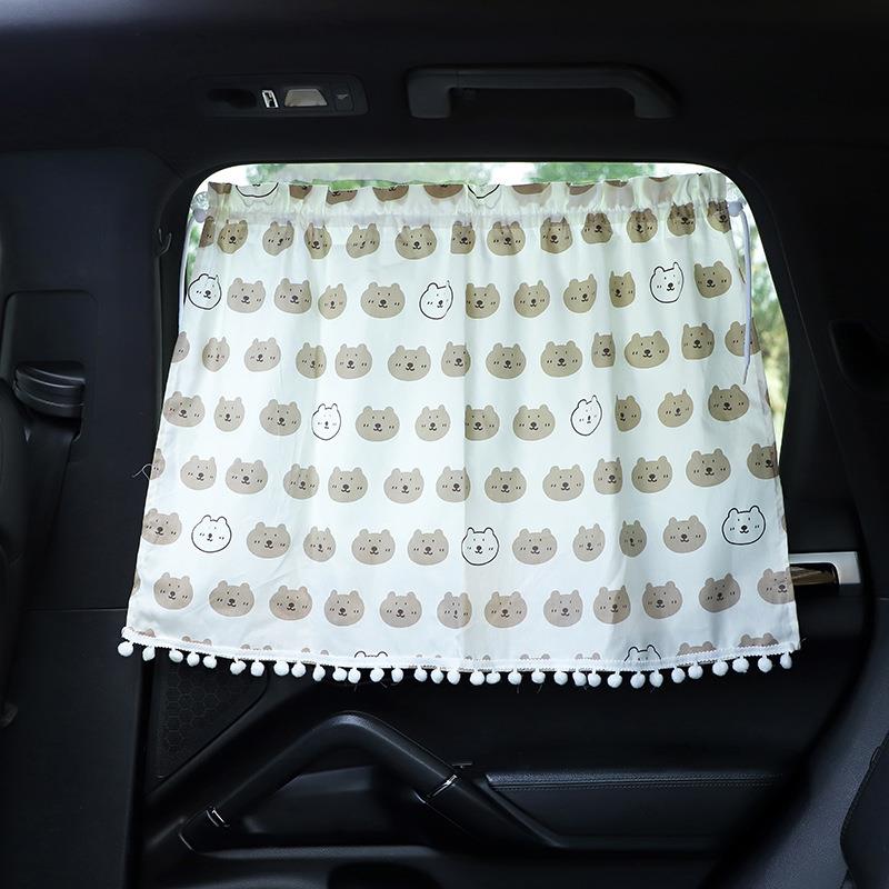 夏季汽车窗帘遮阳帘 棉布印花小熊吸盘车用窗帘 防晒汽车内饰用品