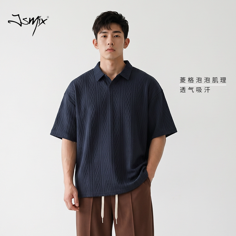 Jsmix时尚菱格大码男士短袖POLO衫2026夏男款加大加肥宽松百搭t恤