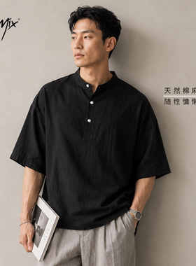 Jsmix黑色三粒扣棉麻大码男士短袖t恤2026夏男款凉感加大宽松上衣