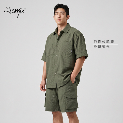 夏季大码男士泡泡纱短袖两件套