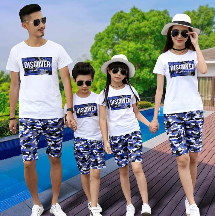 一家个性亲子装家庭装夏白色全家短t恤裙夏装母女夏情子装三人