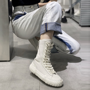 【折36国现】both百搭白拼接高帮筒马丁靴拉链系带轮胎饼干纹橡胶