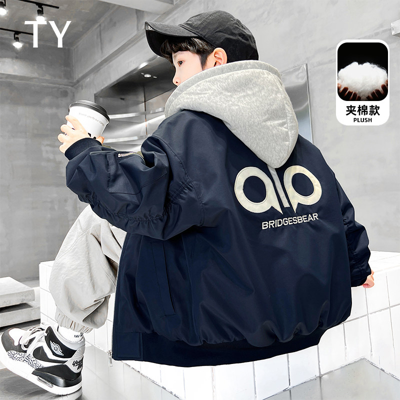 韩国TY童装潮牌男童夹棉加厚外套秋冬季中大童保暖连帽夹克棒球服
