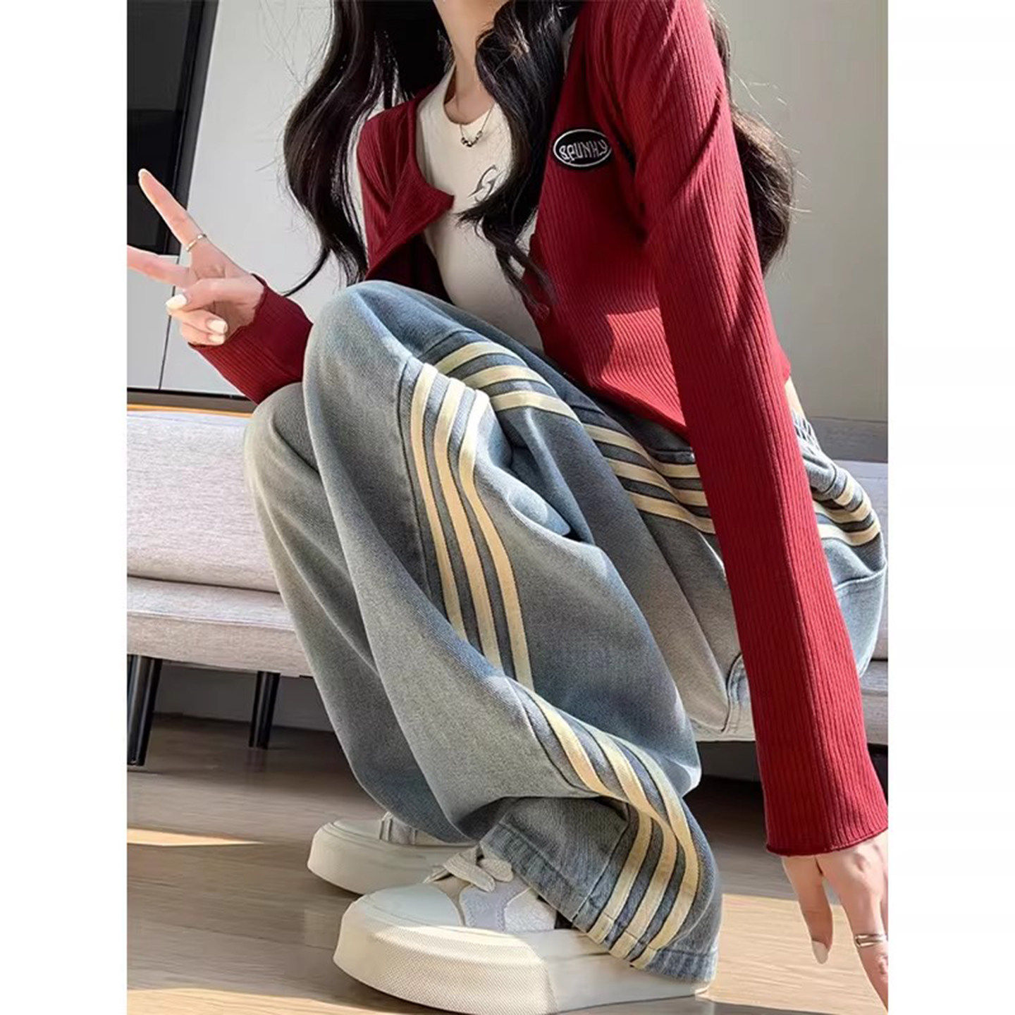 法国Uamtor女童阔腿牛仔裤春季2026新款女大童直筒初中生女孩裤子