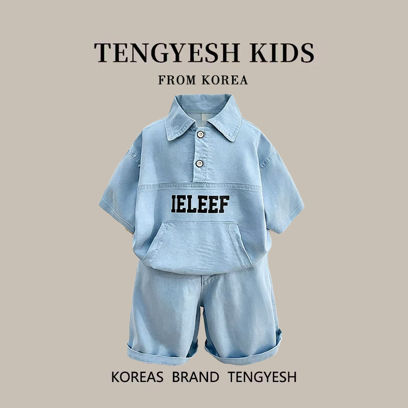 韩国TENGYESH男童天丝牛仔衬衫套装小男孩新款夏季薄款polo领短袖