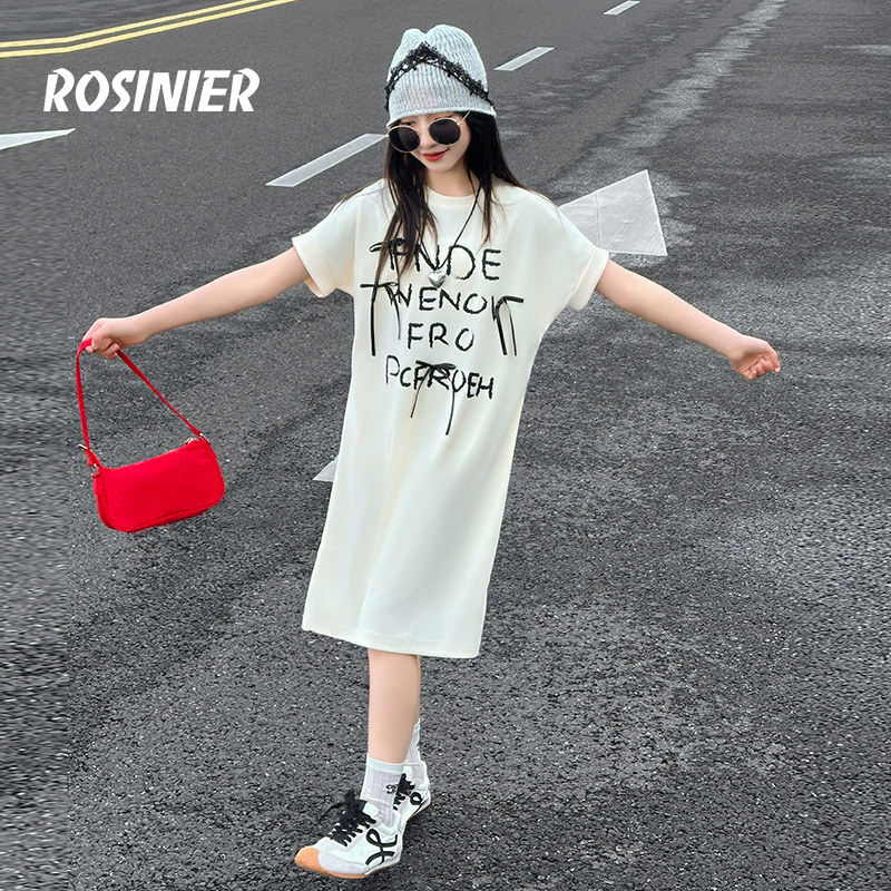 韩国ROSINIER女童洋装黑色夏季宽松长版短袖t恤裙子大童儿童套装