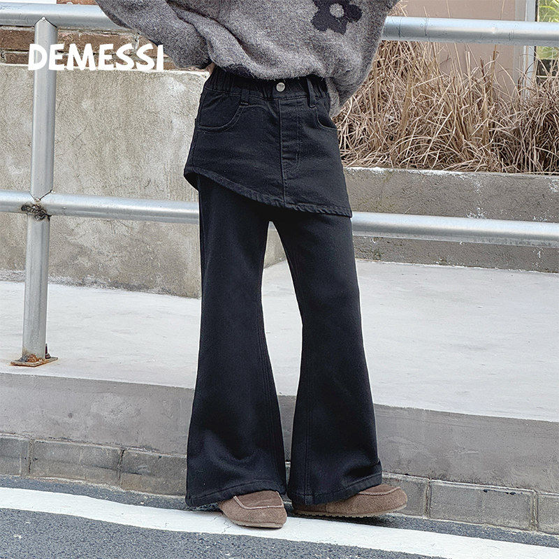 韩国DEMESSI女童加绒喇叭牛仔裤冬2026新款加厚保暖高弹披帘裤子