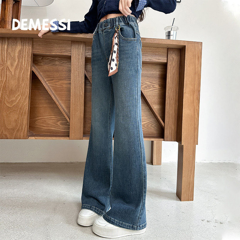 韩国DEMESSI女童加绒牛仔裤秋冬2025新款修身长裤加厚保暖喇叭裤