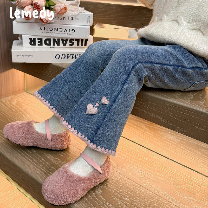 韩国Lemedy女童加绒牛仔裤2026新款儿童冬款喇叭裤女宝宝保暖裤子