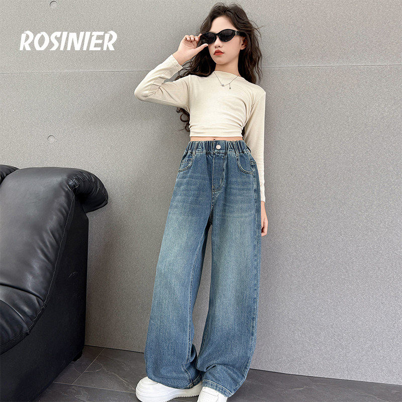 韩国ROSINIER女童裤子2025新款中大童秋冬季女孩加绒牛仔裤儿童裤