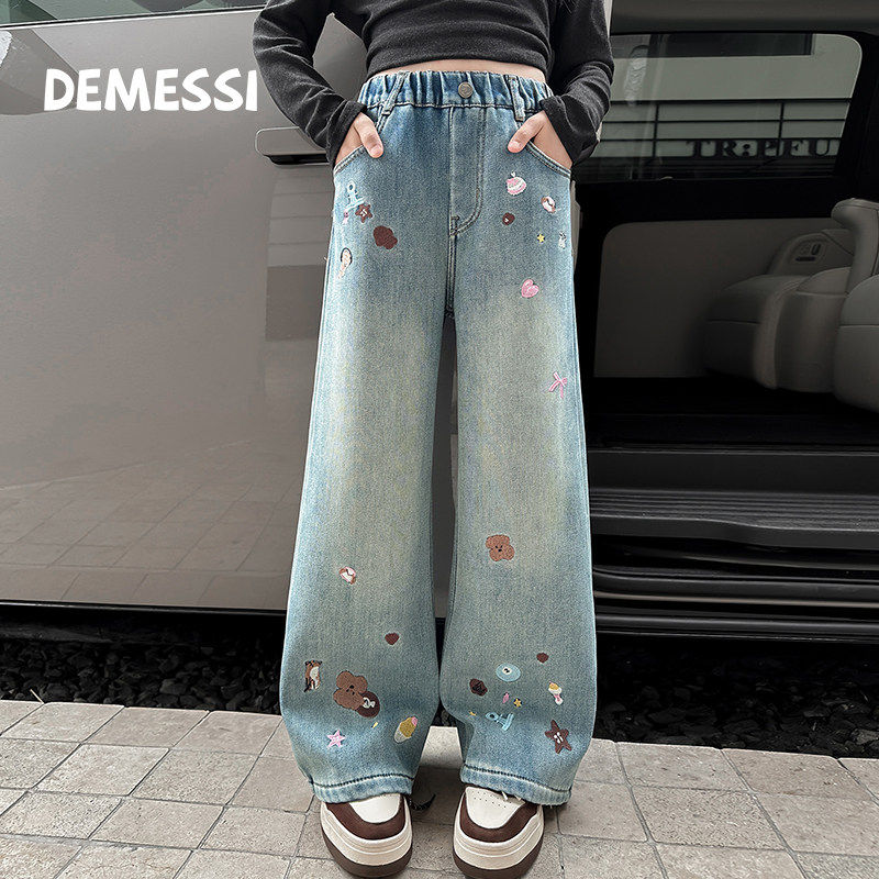 韩国DEMESSI女童加绒牛仔裤冬装2026新加厚裤子保暖阔腿刺绣长裤