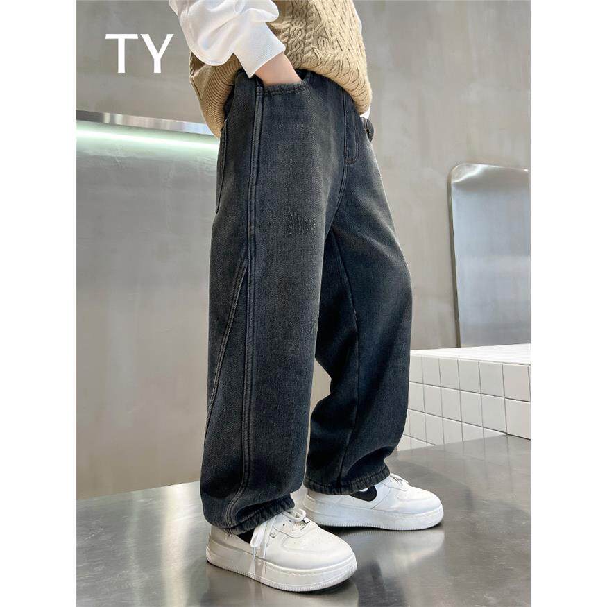 韩国TY童装潮牌男童牛仔直筒加绒裤子秋冬季2025新款中大儿童长裤