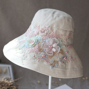 手工钉珠立体刺绣花朵渔夫帽文艺棉麻日系防晒太阳帽时尚米色盆帽
