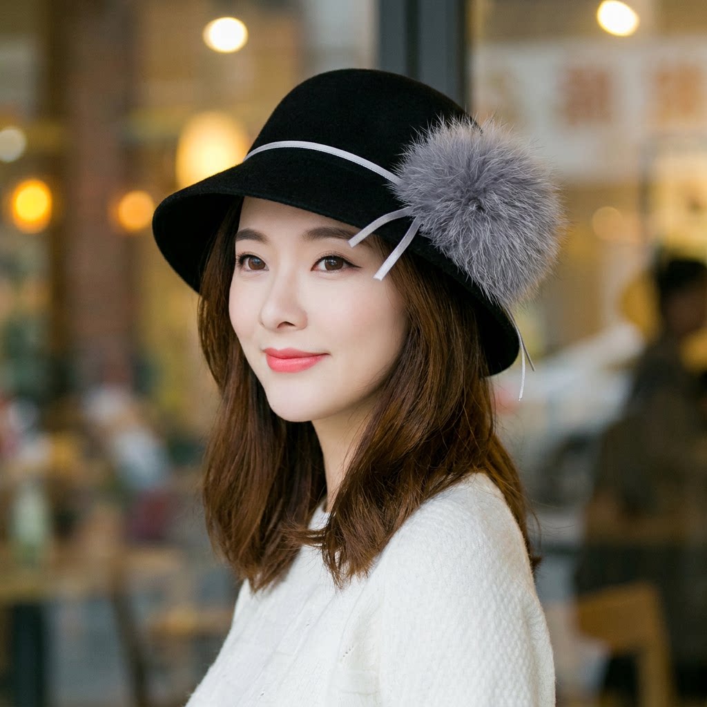 渔夫帽盆帽女士真毛球小帽檐秋冬