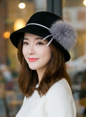 渔夫帽盆帽女士真毛球小帽檐秋冬