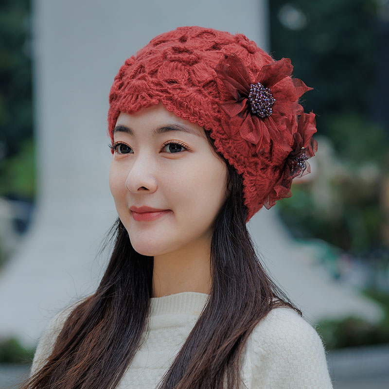 韩系手工钩花镂空马海毛针织帽