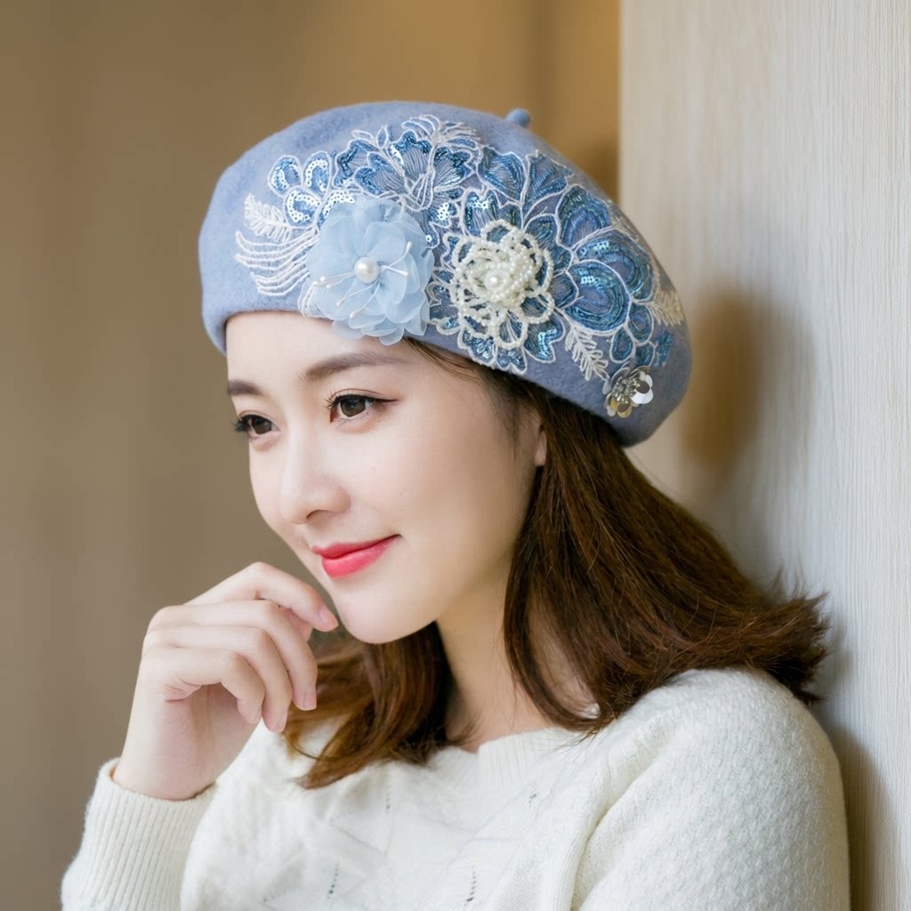 刺绣女秋冬日系甜美画家帽贝雷帽