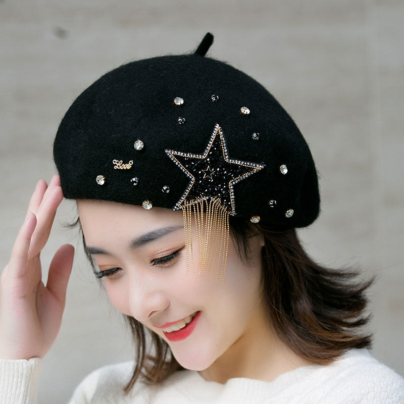 日系秋冬黑色酷女孩画家帽贝雷帽