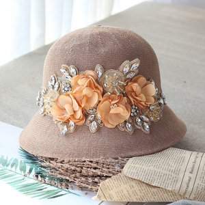 春夏季帽子女遮阳小礼帽蕾丝花朵水钻渔夫帽子显脸小防晒日系盆帽