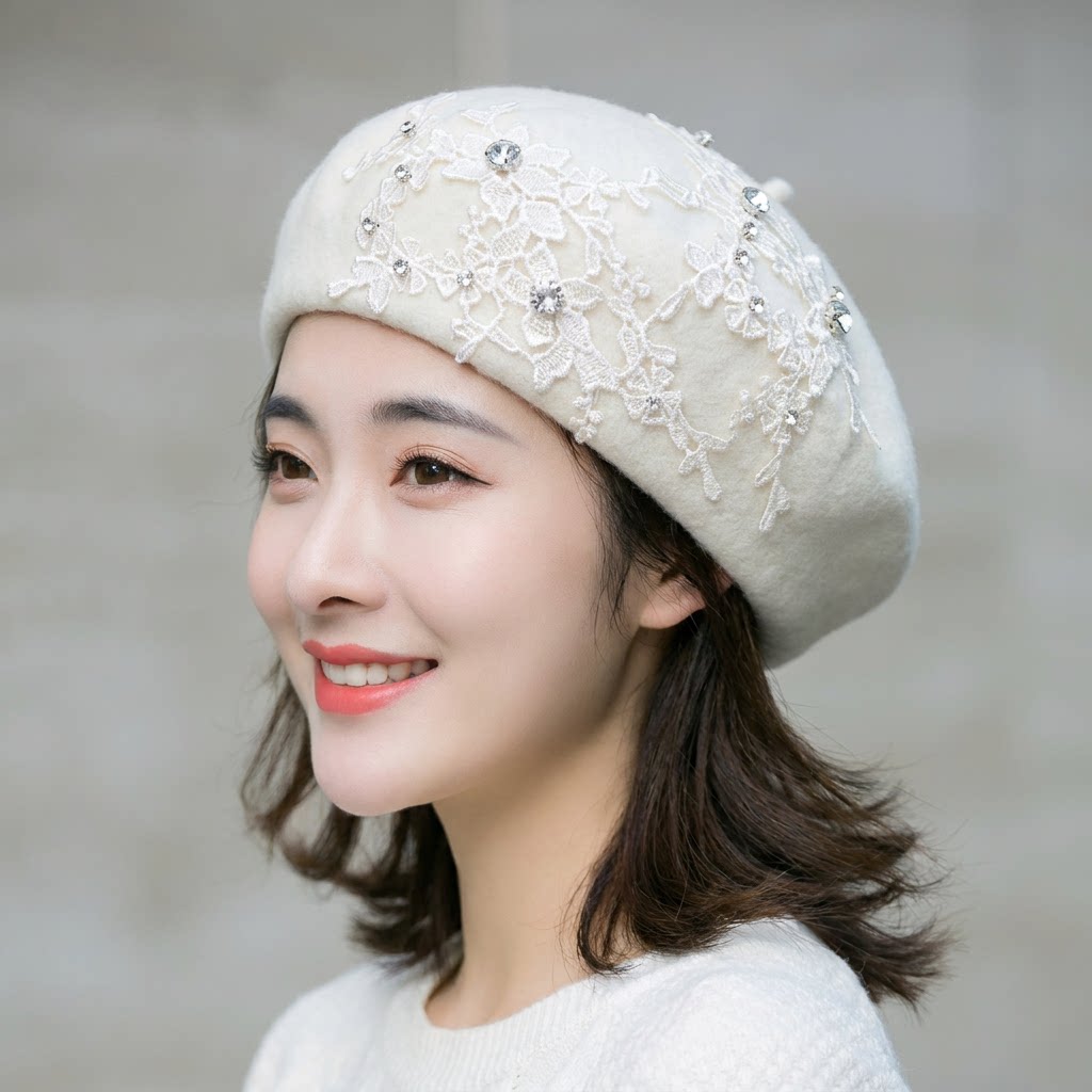 帽子女秋冬韩版时尚羊毛蕾丝镶水钻贝雷帽复古日系甜美女帽画家帽