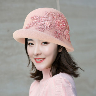 加厚保暖羊毛渔夫帽子女士手工缝珠秋季冬天冷大头围卷檐礼帽盆帽