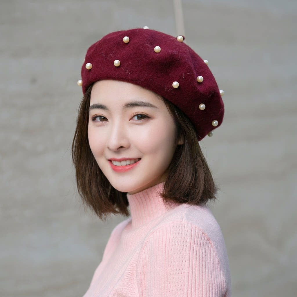 画家帽法式香风手工珍珠秋冬女士羊毛呢南瓜帽枣红色贝雷帽蓓蕾帽
