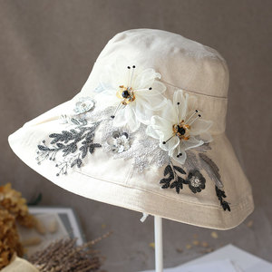 日系遮阳布帽蕾丝刺绣渔夫帽甜美烧边亮片花朵防晒米色棉麻太阳帽