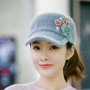 灰色兔毛棒球帽女秋冬天防寒保暖帽手工珍珠花朵日系时尚鸭舌帽子