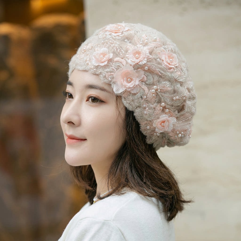 手工钩针织包头帽女蕾丝刺绣钉珠布花双层保暖日系秋冬毛线贝雷帽