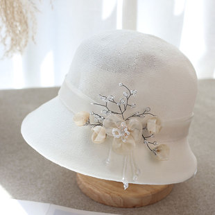 2024新款 春夏国风清新欧根纱水晶珠花朵遮阳盆帽甜美白色渔夫帽