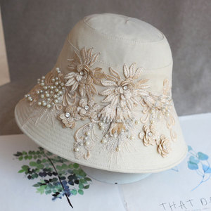 手工蕾丝刺绣珍珠花朵遮阳帽中老年女春夏天出游日系遮脸防晒布帽