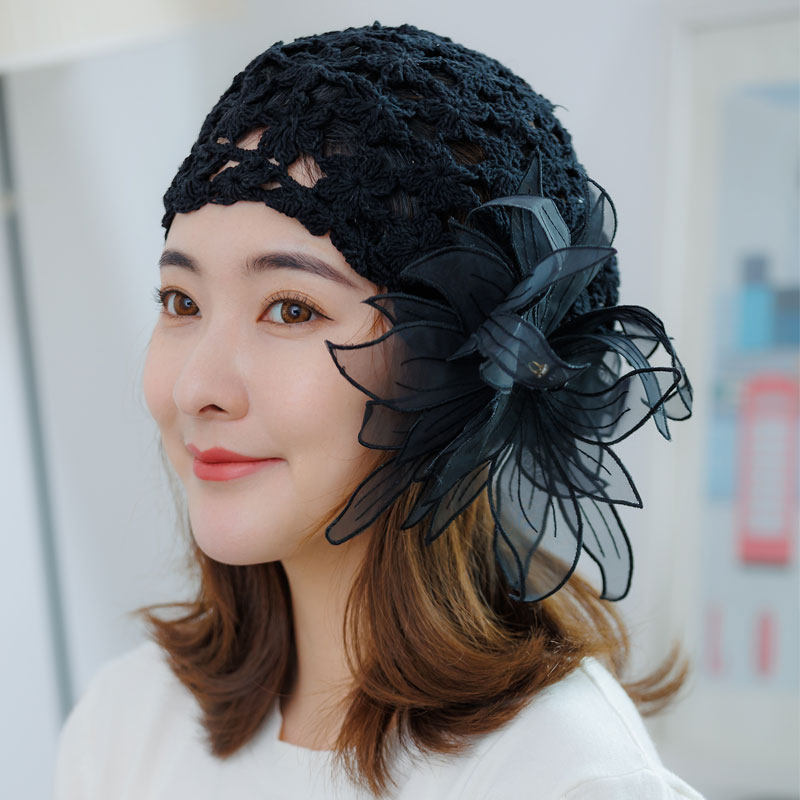 镂空透气薄款贝雷帽子女春夏纯棉毛线帽手工钩针欧根纱花朵针织帽