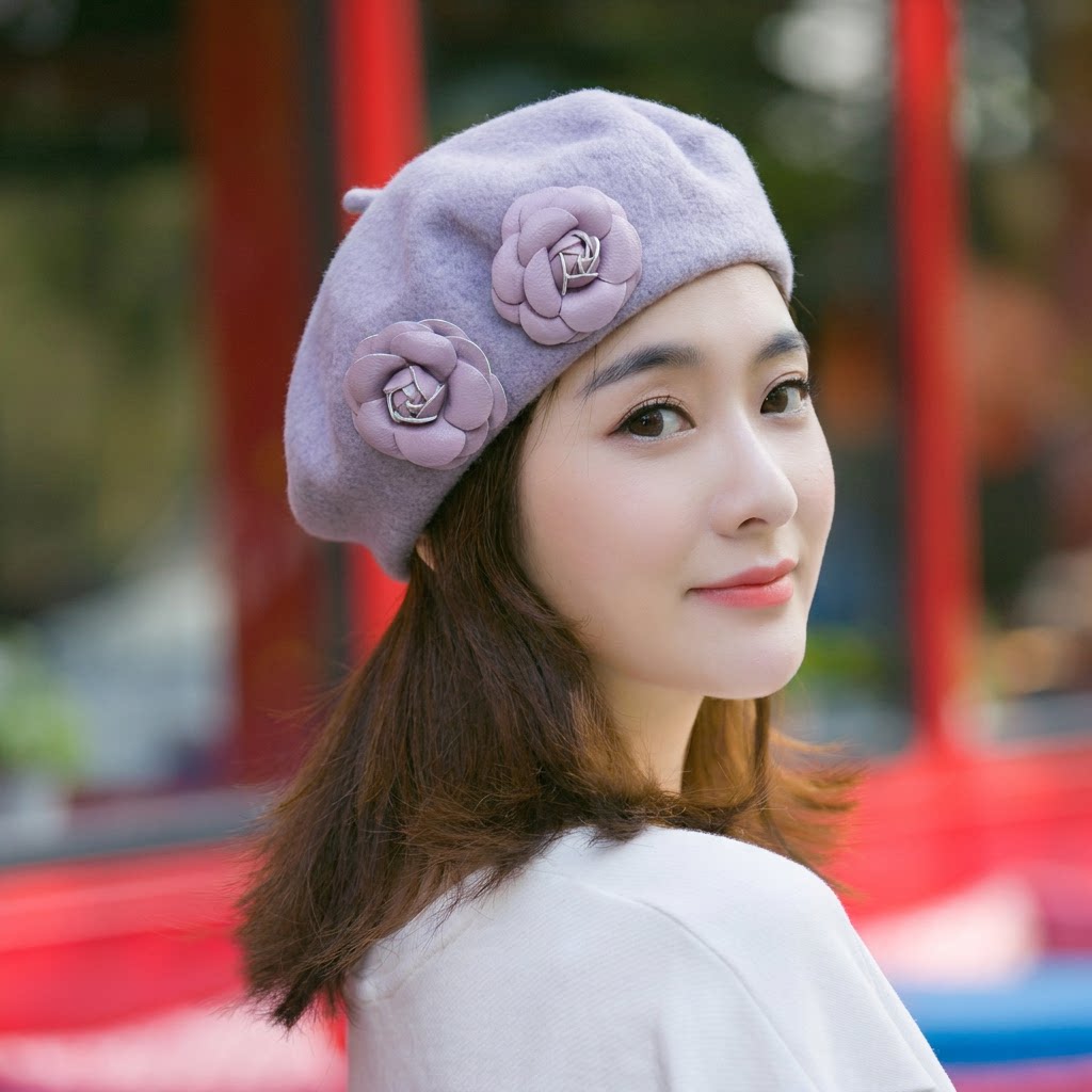 秋冬天帽子女韩版英伦PU皮花羊毛呢贝雷帽女士画家帽毛呢八角帽潮