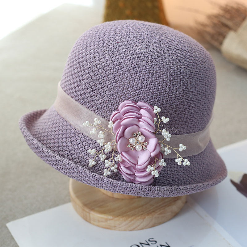 帽子女款2026新款夏季珍珠烧边花朵小礼帽薄款透气卷边渔夫帽盆帽