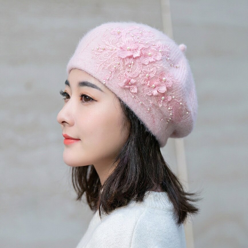 蓓蕾帽手工蕾丝欧根纱花朵钉珠兔毛针织贝雷帽女秋冬天保暖画家帽