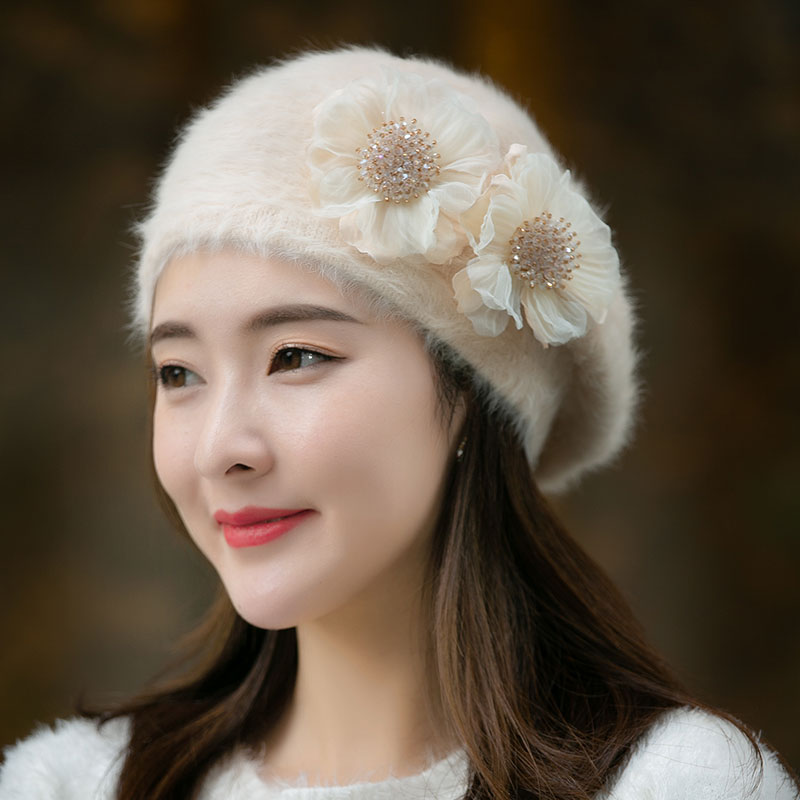 文艺缝珠欧根纱花朵甜美贝雷帽